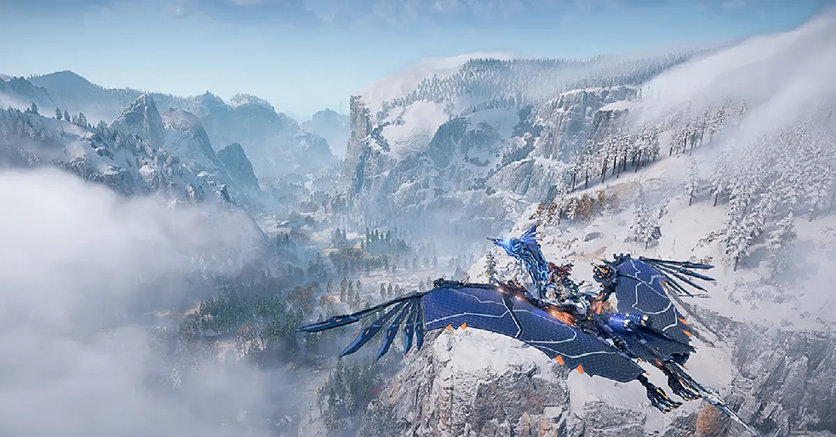 Aloy contemplant un vaste paysage mécanique dans Horizon Forbidden West sur PC