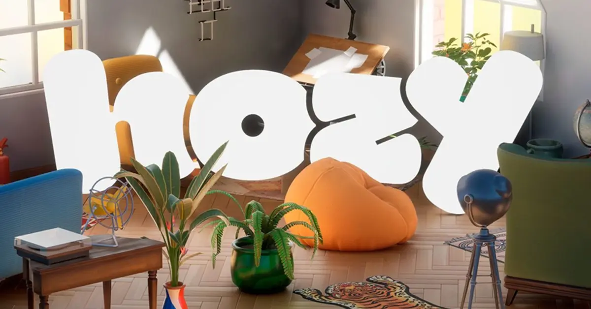 Logo du jeu Hozy sur un salon virtuel magnifiquement décoré et baigné de lumière.