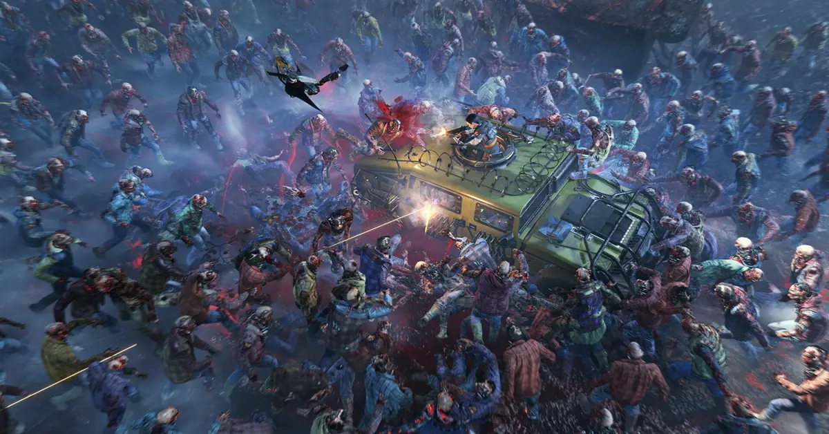 Un véhicule blindé qui fonce dans une horde géante de zombies dans Toxic Commando