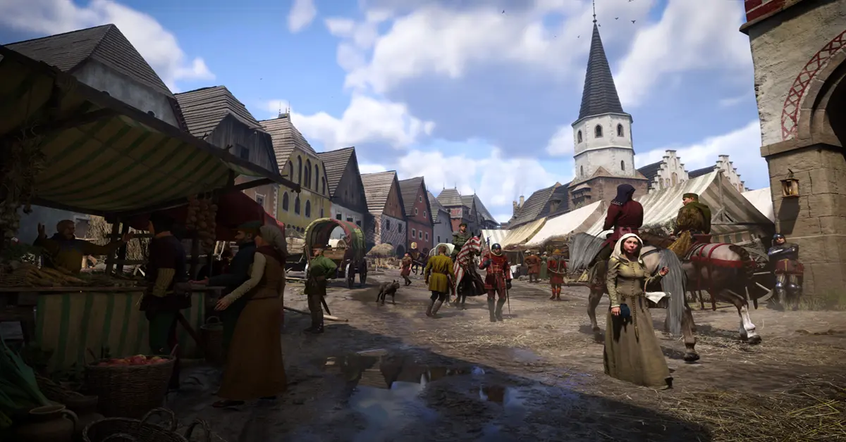 Un aperçu détaillé des marchés urbains médiévaux animés et des PNJ authentiques dans Kingdom Come Deliverance 2