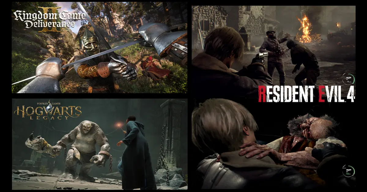 Un collage de scènes de Kingdom Come Deliverance 2, Resident Evil 4 Remake et Hogwarts Legacy montrant des mécaniques de jeu