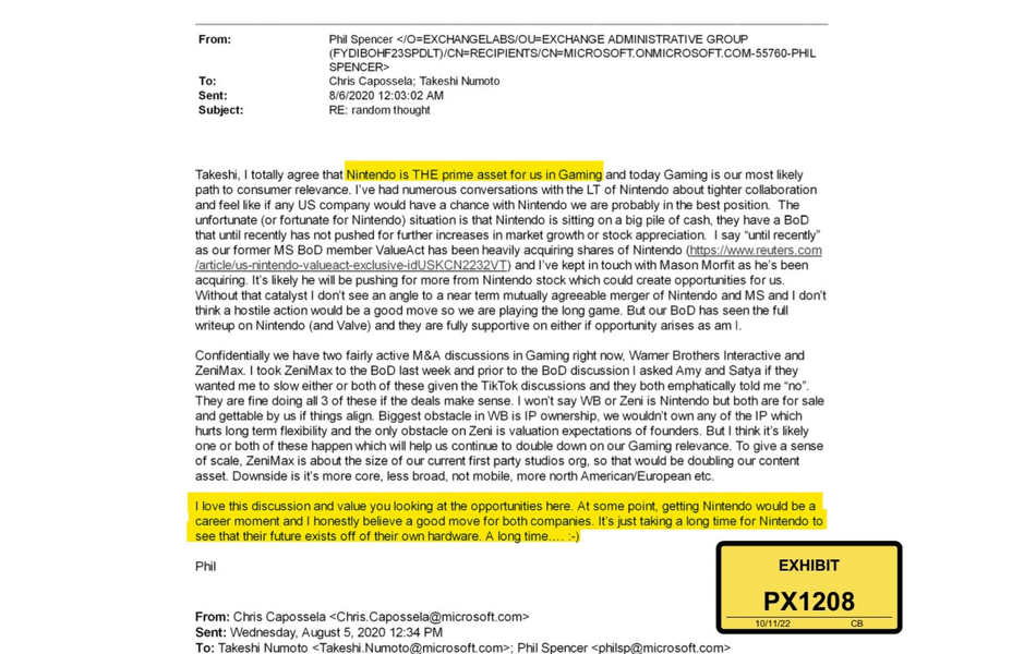 extrait de l'email de Microsoft de 2020 concernant l'acquisition de Nintendo