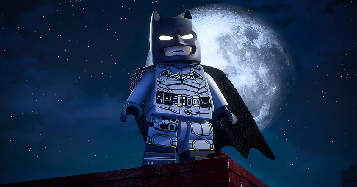 LEGO Batman debout dans un Gotham City détaillé et détrempé par la pluie, conçu sous Unreal Engine 5