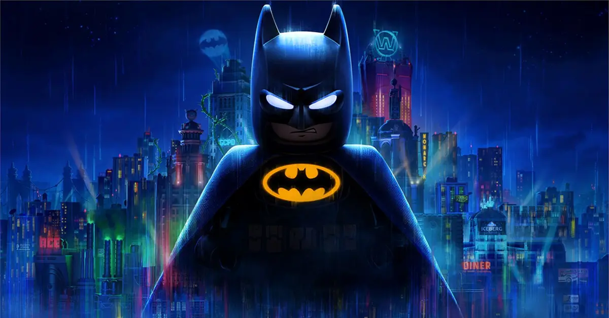 Illustration de la jaquette de LEGO Batman Legacy of the Dark Knight montrant Batman surplombant Gotham City