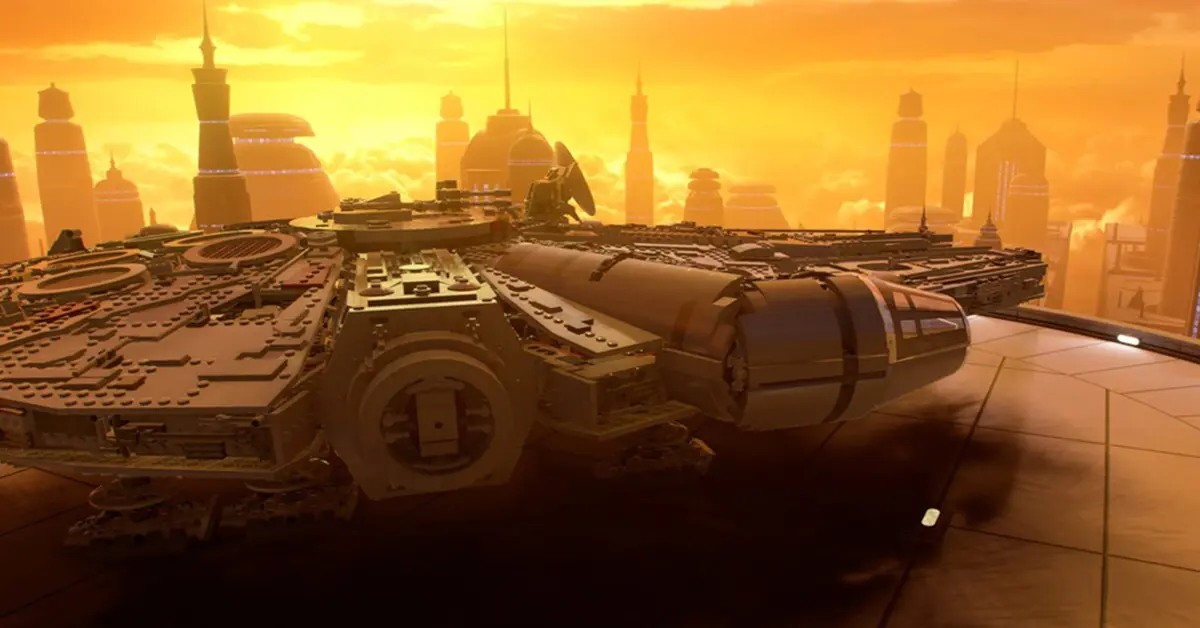 Le Faucon Millenium volant vers un hub planétaire animé dans LEGO Star Wars
