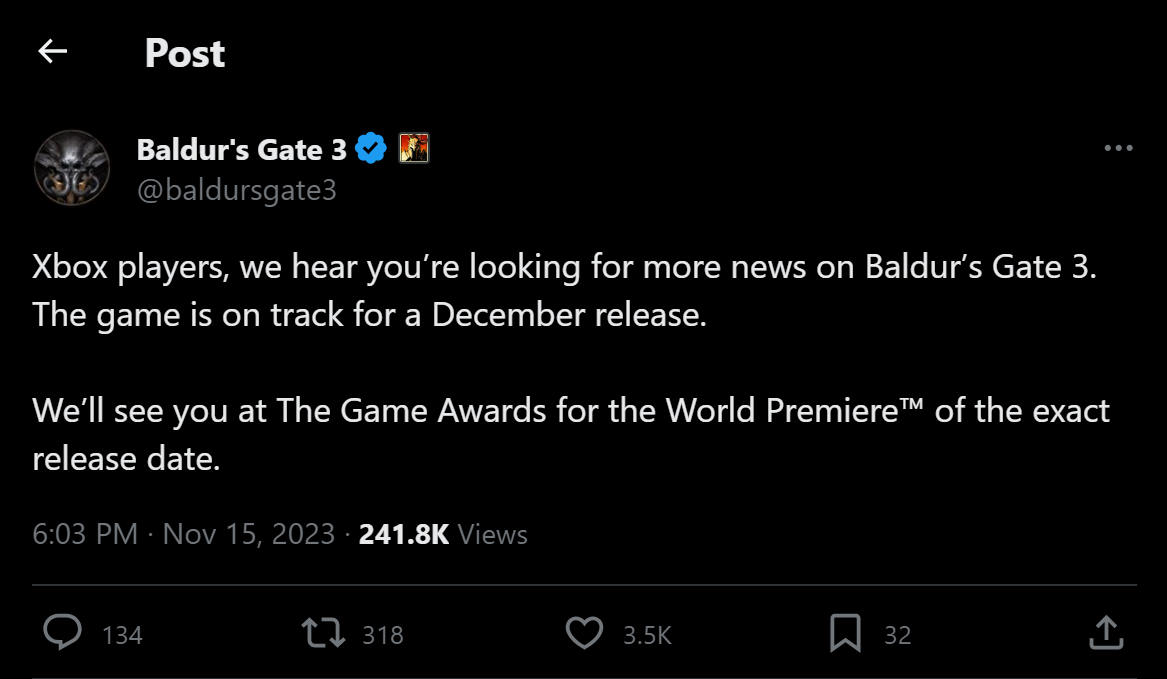 Annonce tweet de Larian Studios pour Xbox Annonce tweet de Larian Studios pour Xbox