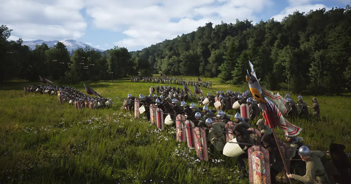 Une formation de piquiers médiévaux engagés dans un combat tactique dans Manor Lords sur PC.