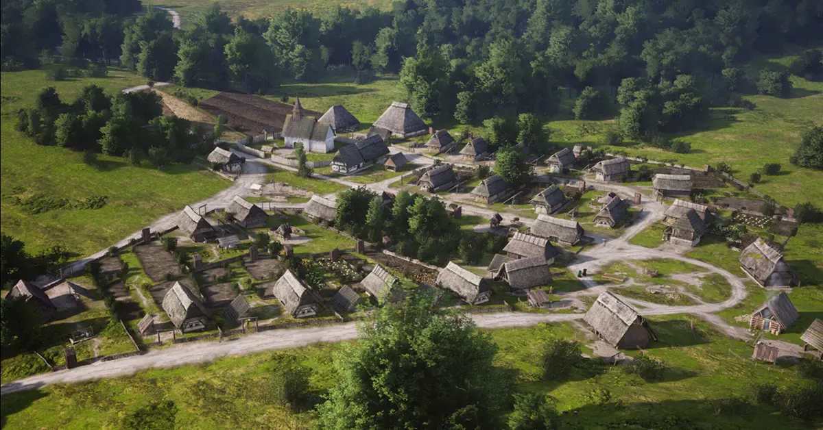 Un village médiéval tentaculaire construit dans Manor Lords sur PC Windows, avec des chemins de terre, des structures à colombages et des paysans au travail.