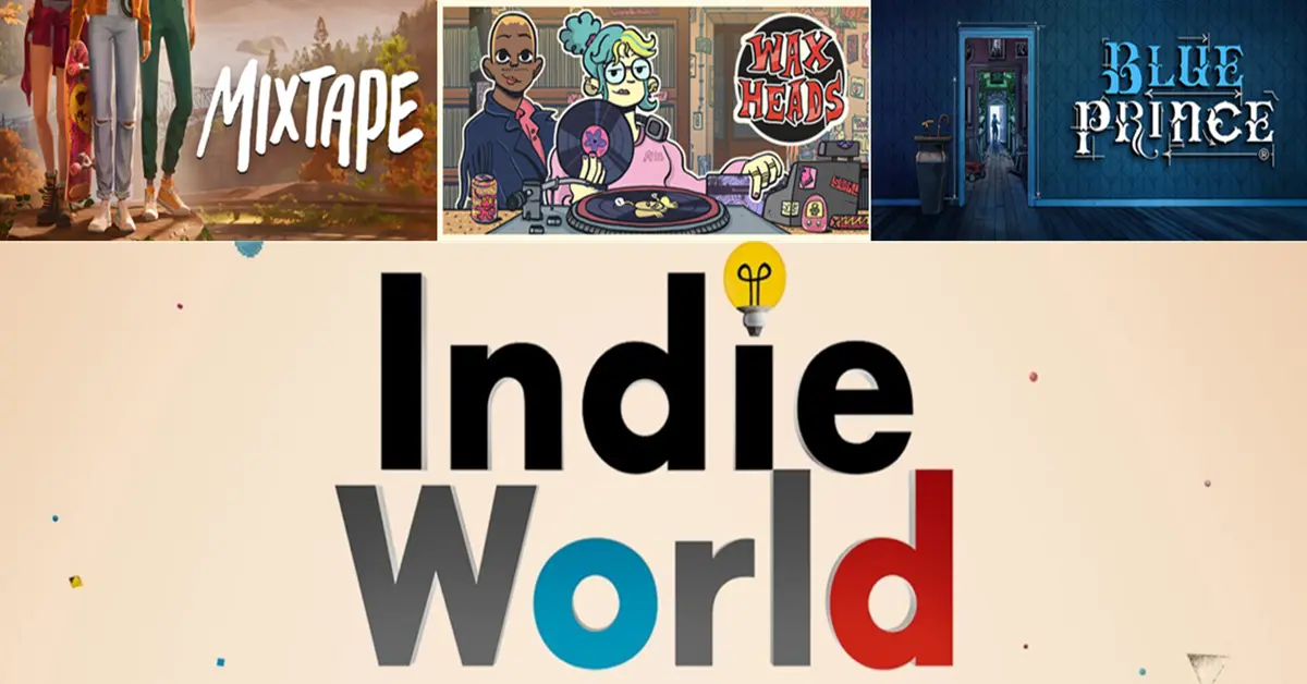 Un collage coloré présentant des jeux PC indépendants pas chers de mai 2026, incluant Mixtape, Wax Heads et Blue Prince.