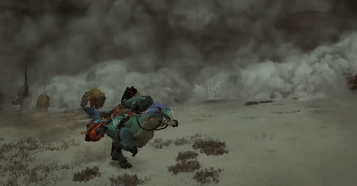 Un chasseur chevauchant une monture Seikret en pleine tempête de sable violente dans Monster Hunter Wilds
