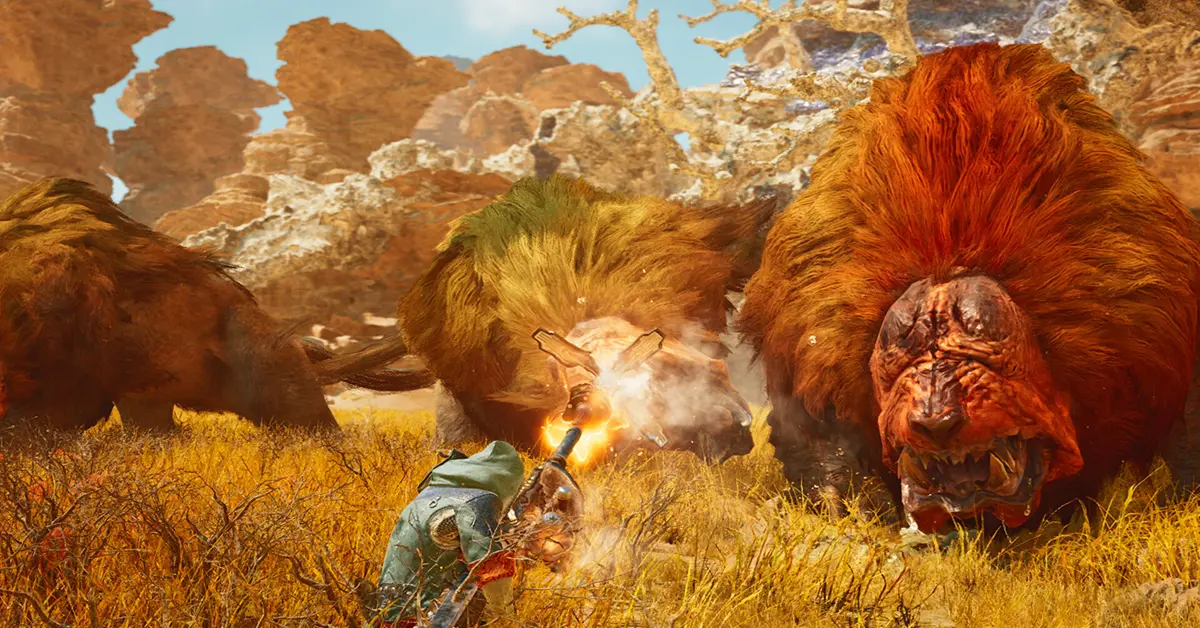 Un chasseur affrontant une bête massive dans un écosystème à la météo dynamique dans Monster Hunter Wilds