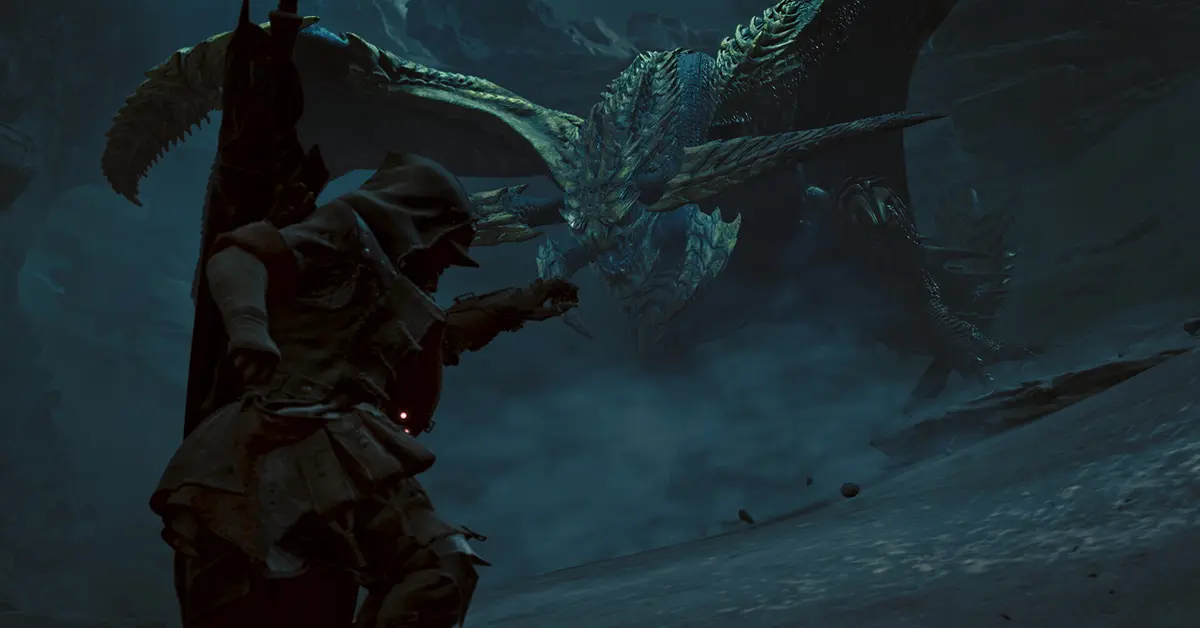 Chasseur de Monster Hunter Wilds face à un monstre dans les Plaines venteuses