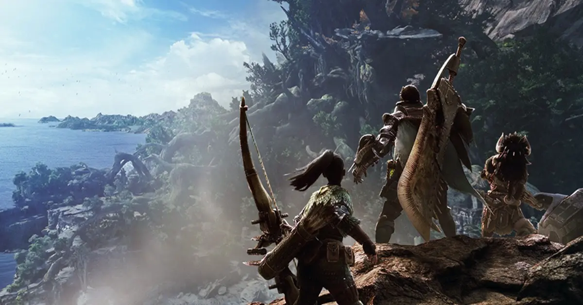 Un paysage panoramique de la Forêt Ancienne dans Monster Hunter World avec une végétation luxuriante et des falaises imposantes.