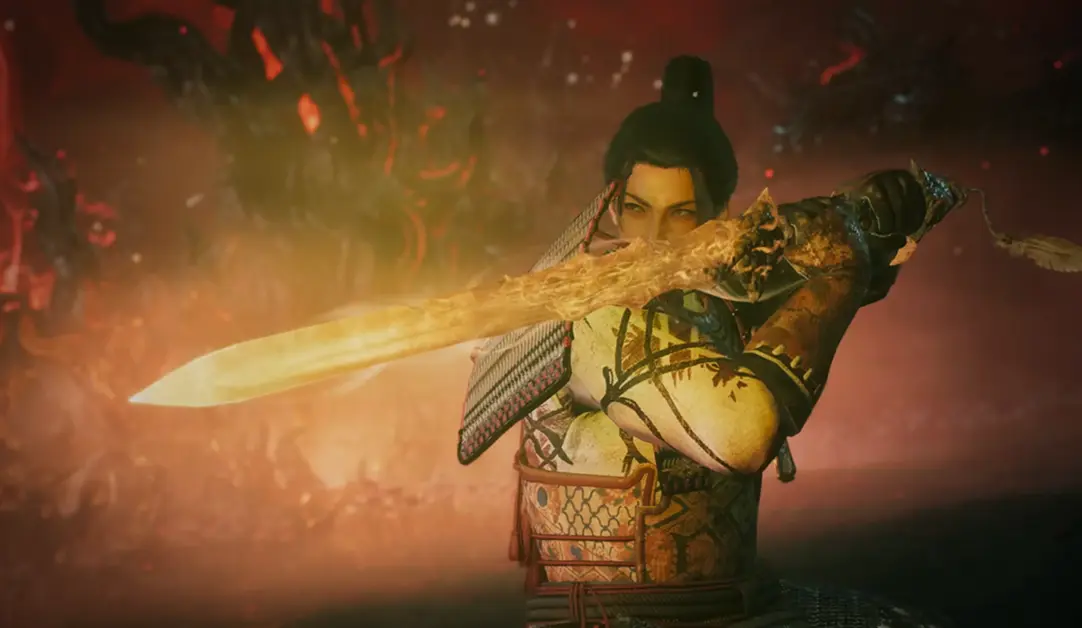 Un samouraï féroce dans Nioh 3 croisant le fer avec un démon sous un ciel rouge sang
