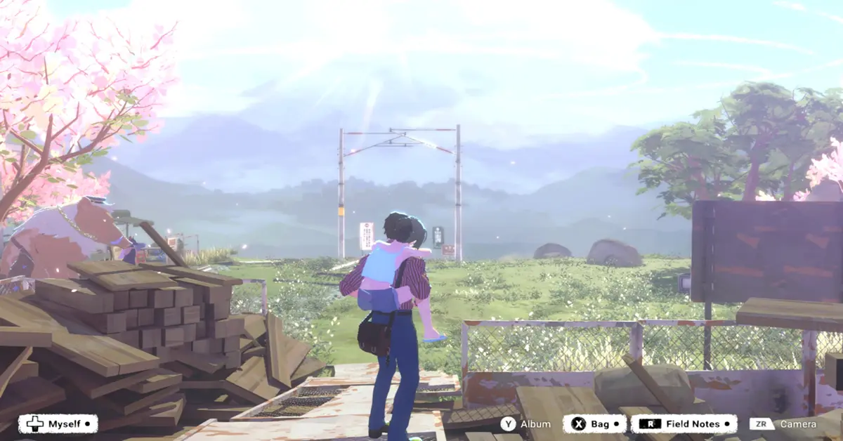 Le photographe fatigué explorant les Dusklands en cel-shading dans OPUS: Prism Peak.