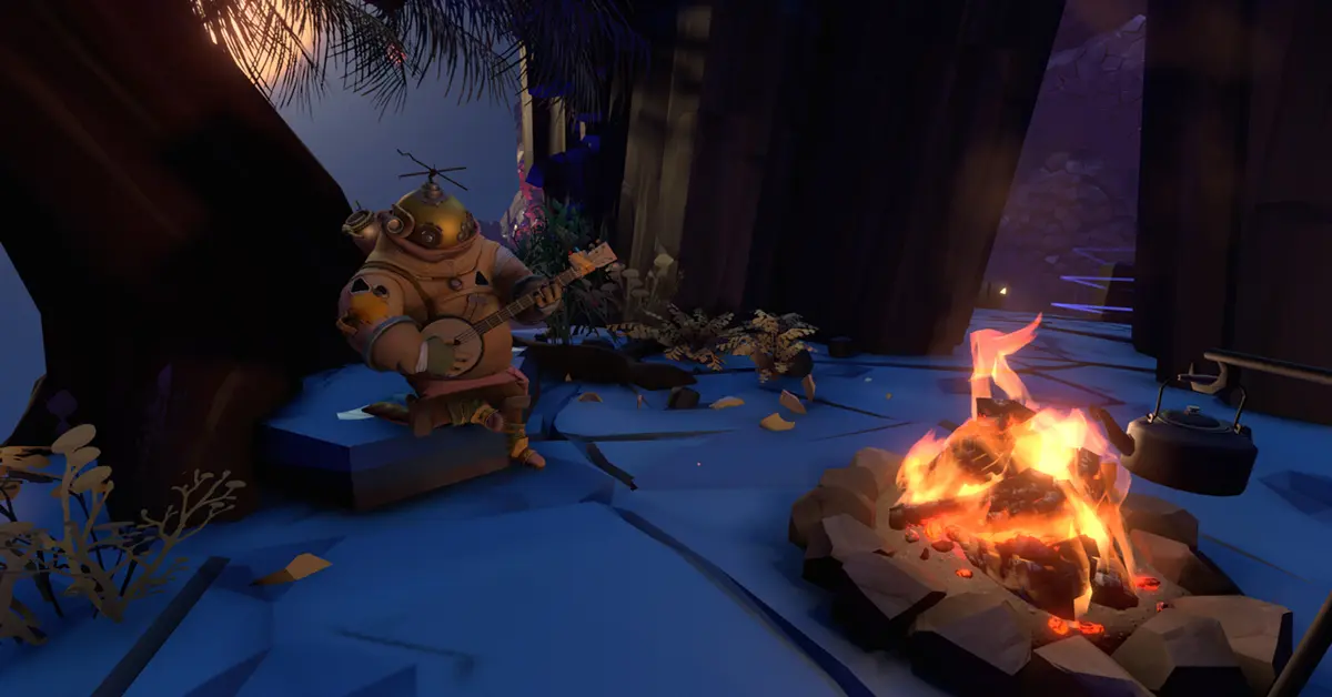 Un personnage joueur debout sur une surface planétaire en ruine dans Outer Wilds.