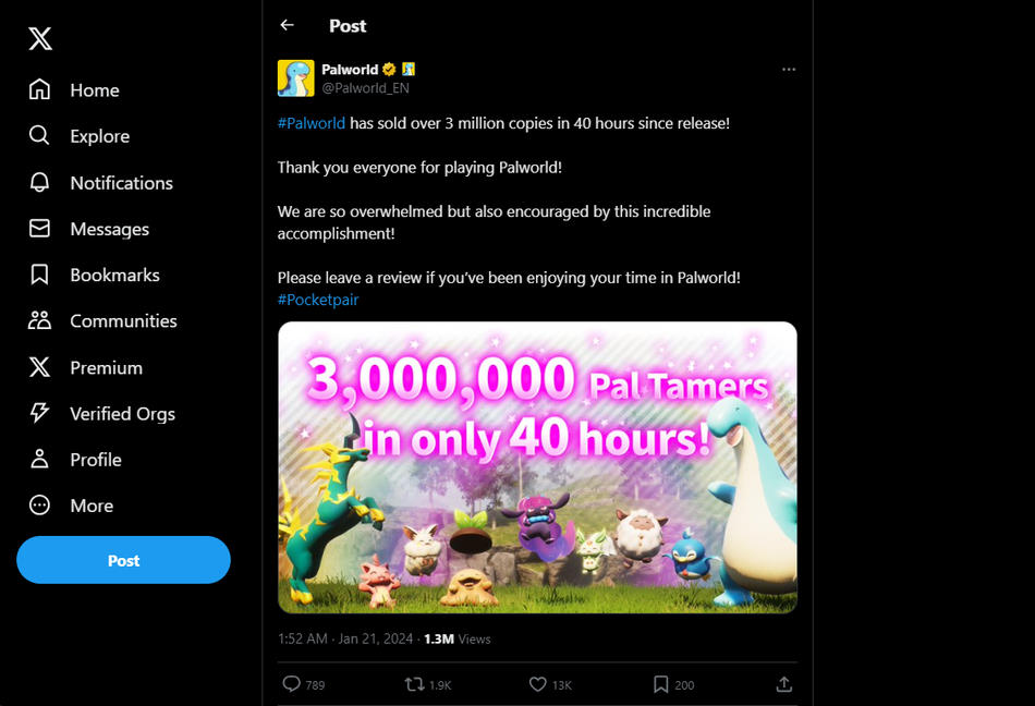 Palworld vend plus de 3 millions de copies en seulement 40 heures après son lancement