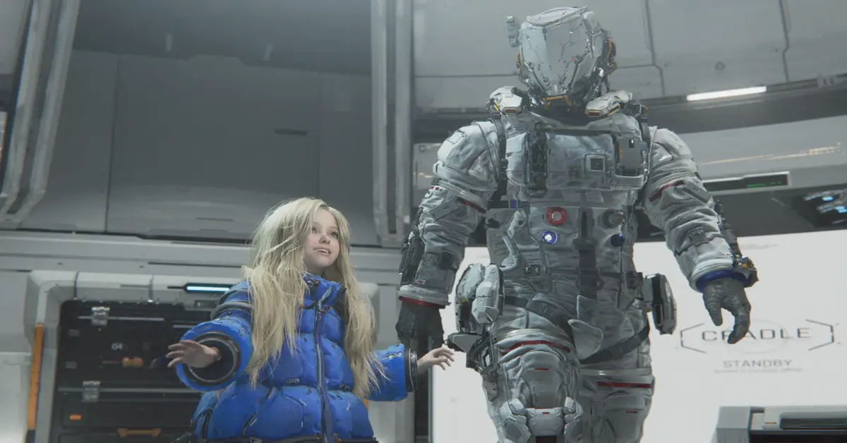 Hugh et Diana se tenant sur la surface lunaire dans PRAGMATA de Capcom.