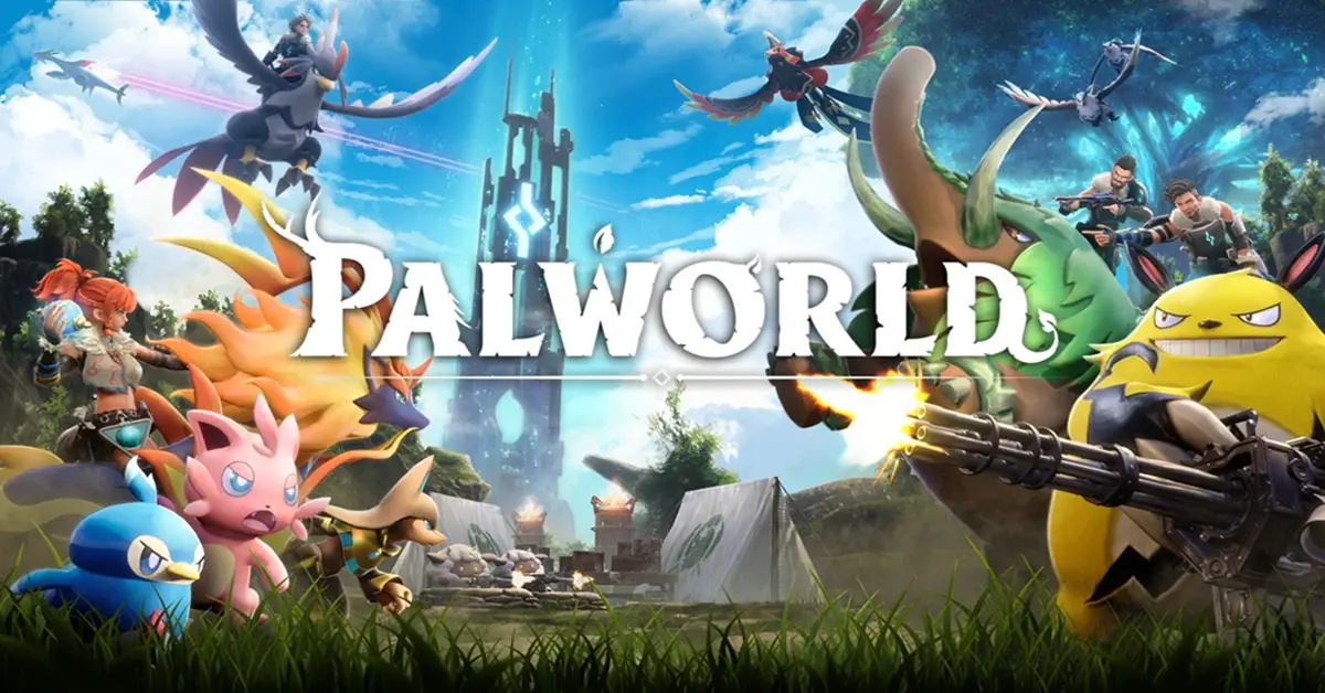 Un joueur de Palworld debout avec des Pals dans un paysage de monde ouvert