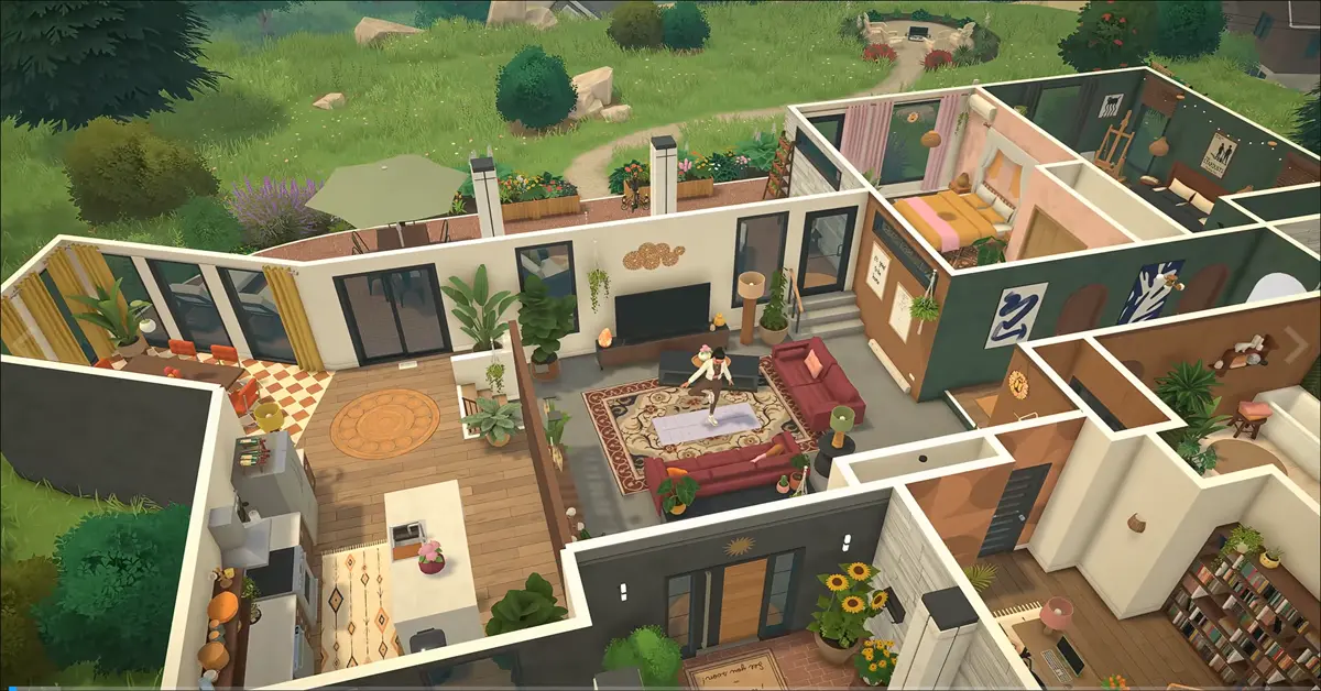 Gameplay de Paralives montrant un personnage dans une maison personnalisée détaillée