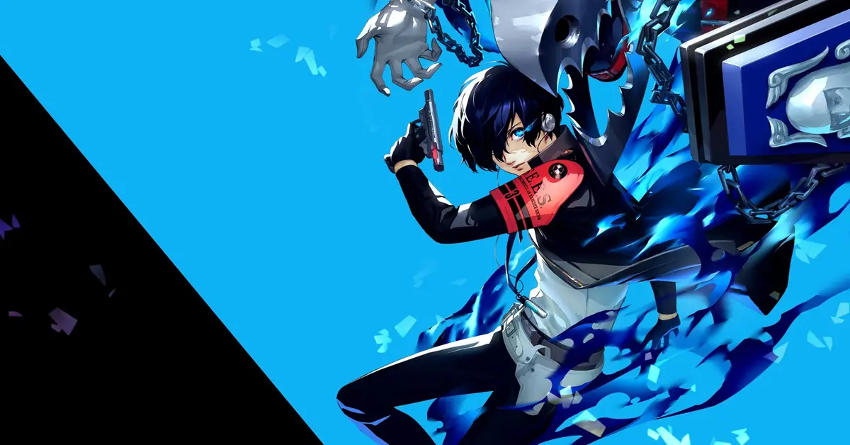 Protagoniste de Persona 3 Reload avec son évocateur sur un fond bleu stylisé.
