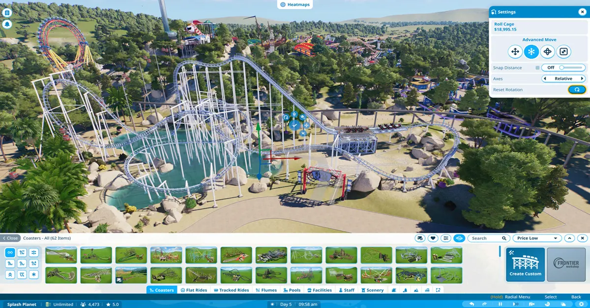 Interface de gestion détaillée de parc ou construction de parc aquatique dans Planet Coaster 2