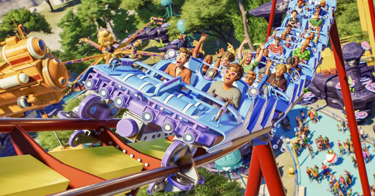 Gameplay de Planet Coaster 2 montrant un parc aquatique et des montagnes russes