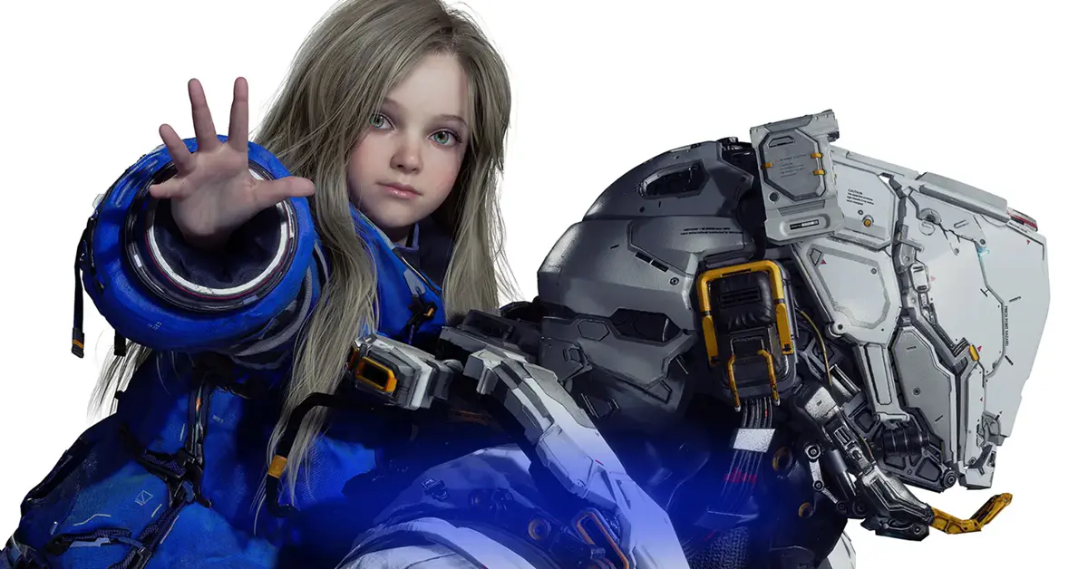 Artwork officiel de Pragmata montrant un protagoniste en combinaison spatiale et une jeune fille regardant la Terre depuis la Lune.