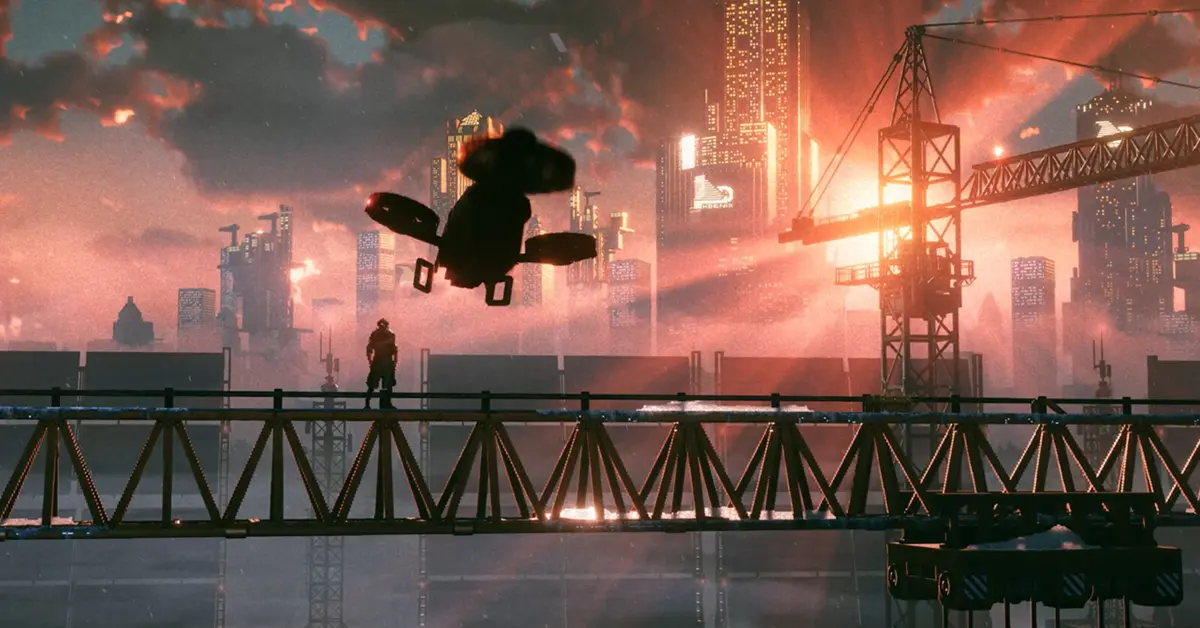 Le protagoniste de REPLACED, R.E.A.C.H., surplombant une ville dystopique en pixel-art durant la nuit.