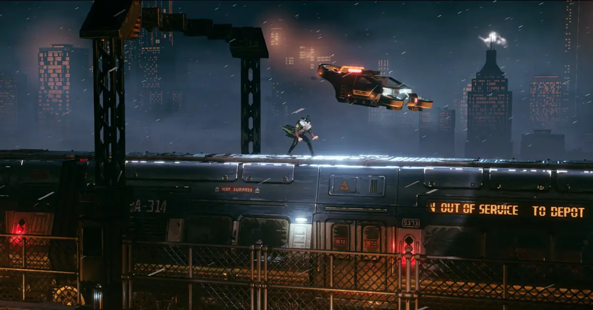 R.E.A.C.H. surplombant le paysage dystopique illuminé au néon dans REPLACED.