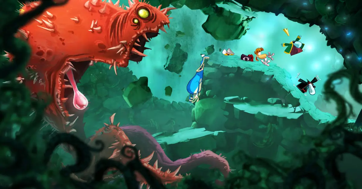 Quatre joueurs contrôlant Rayman, Globox et deux Ptizêtres dans une séquence de plateforme coopérative.