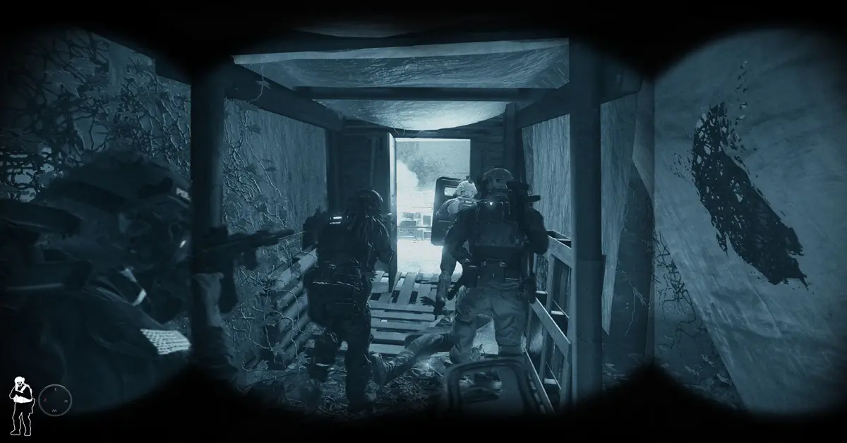 Équipe SWAT de Ready or Not lourdement armée se préparant à investir une pièce sombre