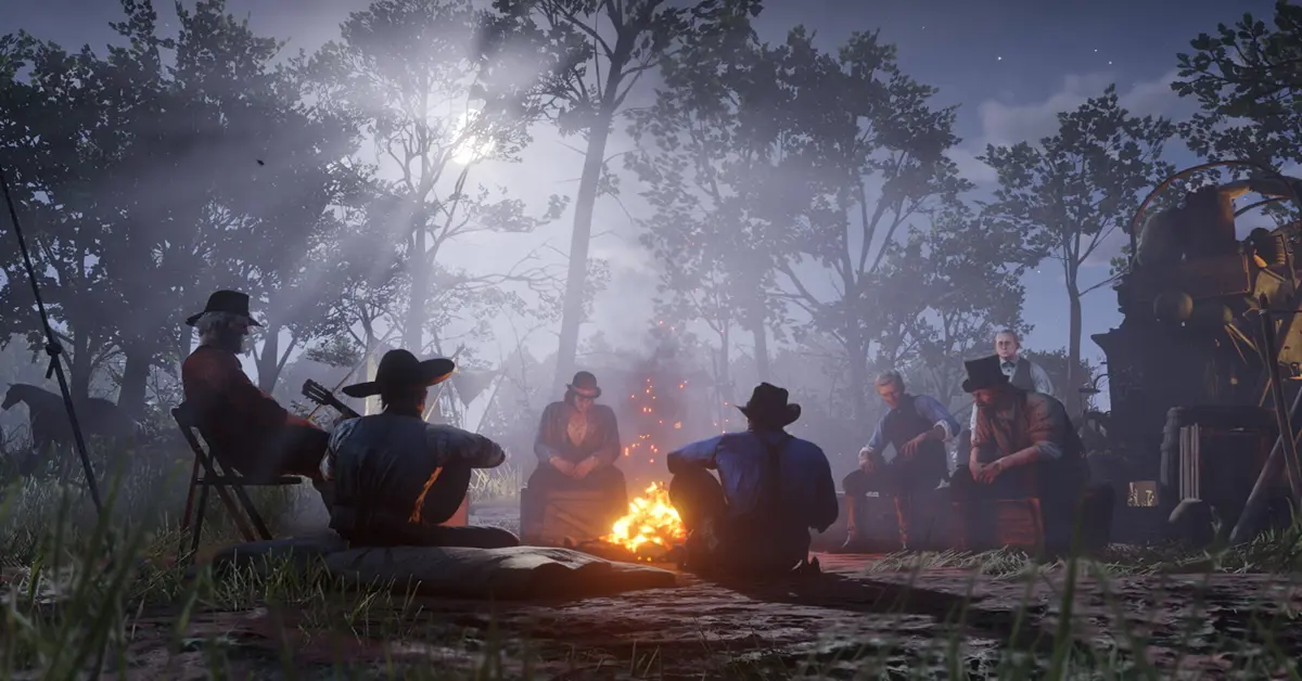 Interaction détaillée dans le camp de Red Dead Redemption 2.