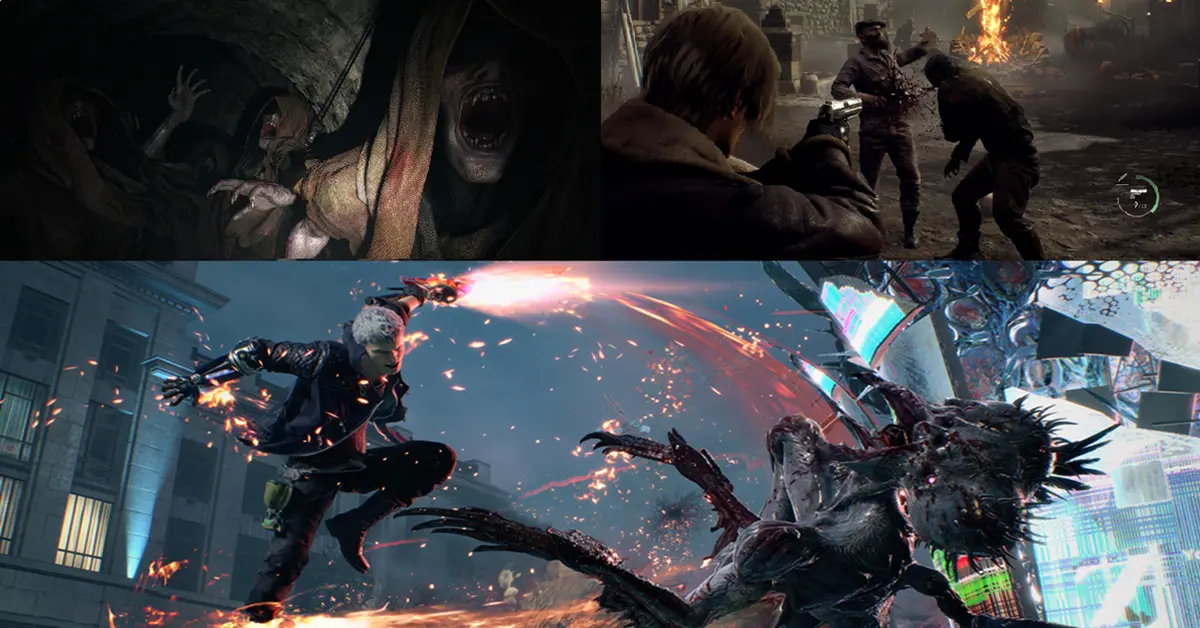 Un visuel en écran partagé comparant des moments de jeu de Resident Evil 4 Remake, Resident Evil Village et Devil May Cry 5