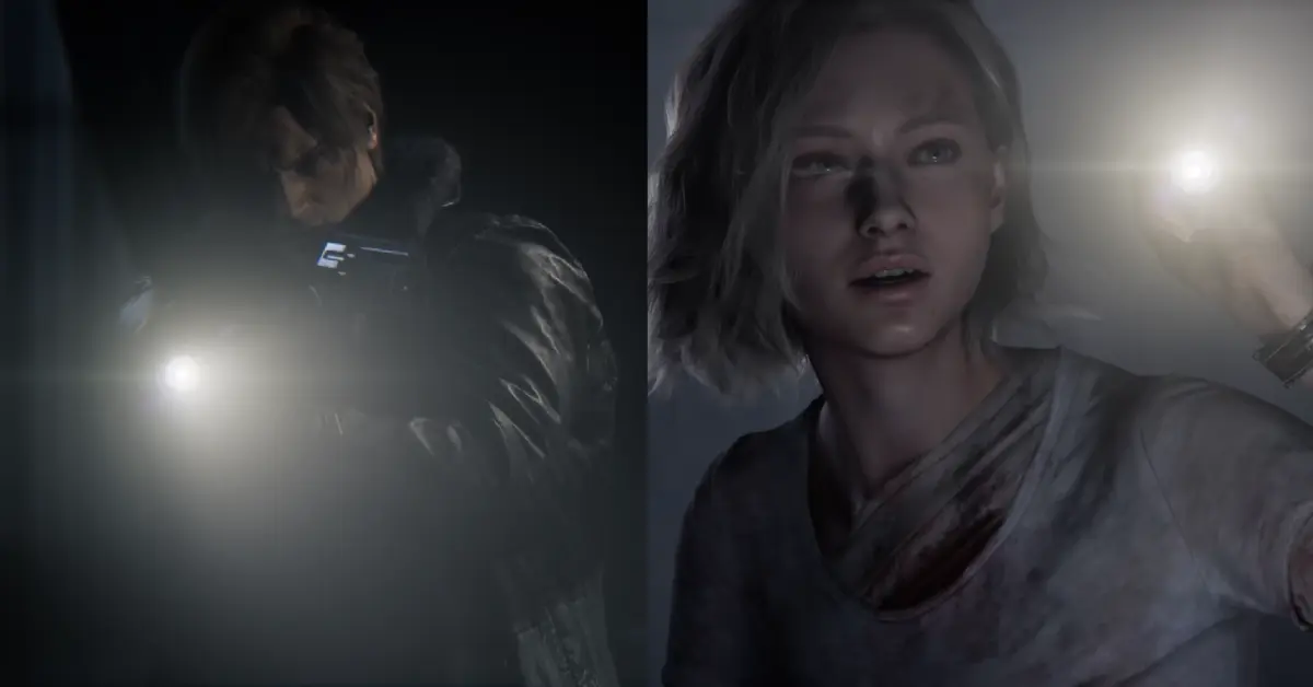 Écran scindé montrant Leon tirant avec une arme et Grace se cachant avec une lampe torche