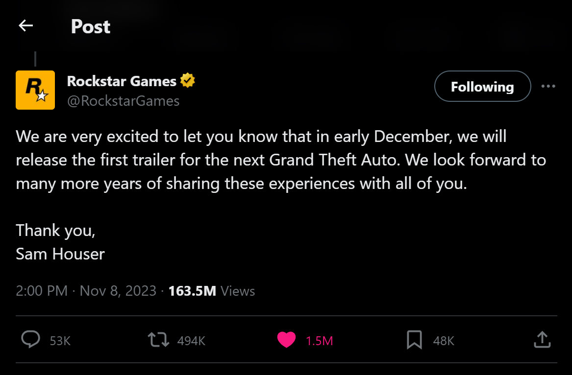 Tweet officiel de Rockstar pour le 25e anniversaire