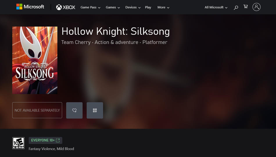 Page du Microsoft Store pour Hollow Knight Silksong