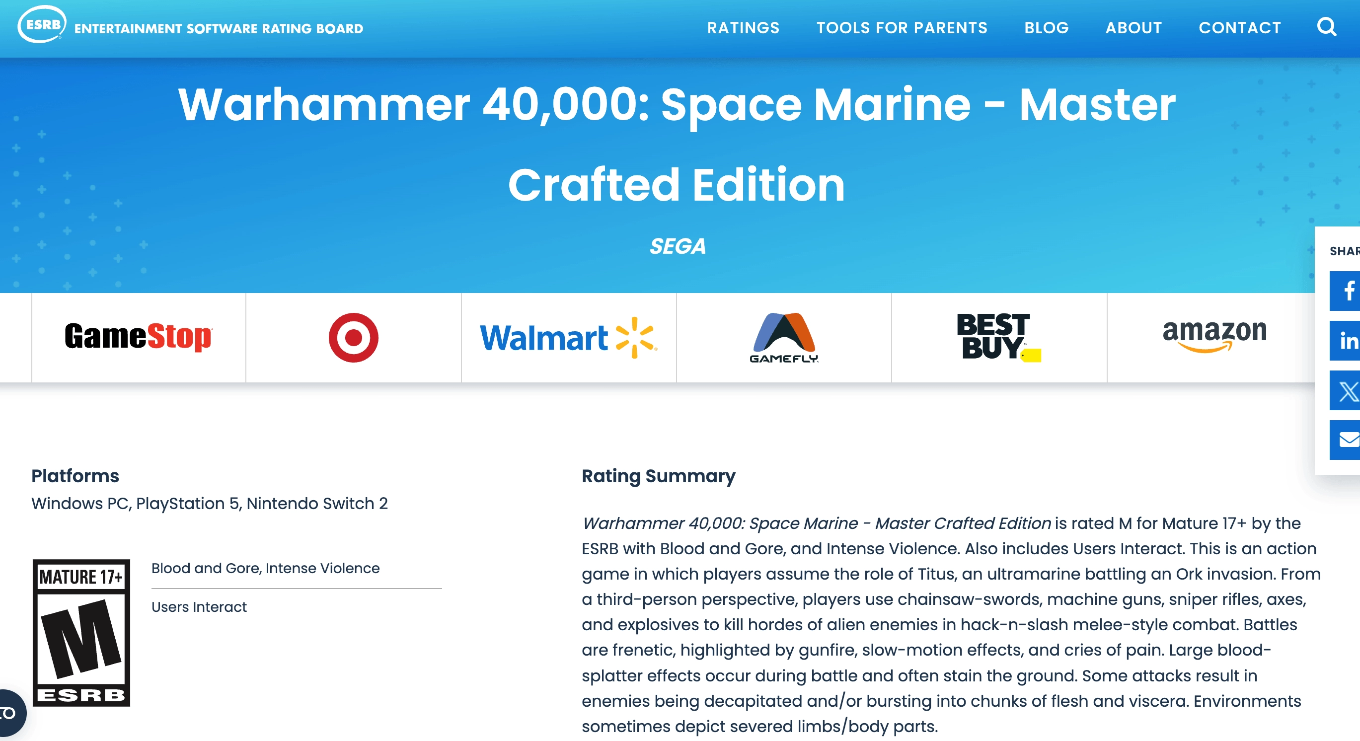 ESRB Space Marine Master Crafted Edition for PS5 and Switch 2