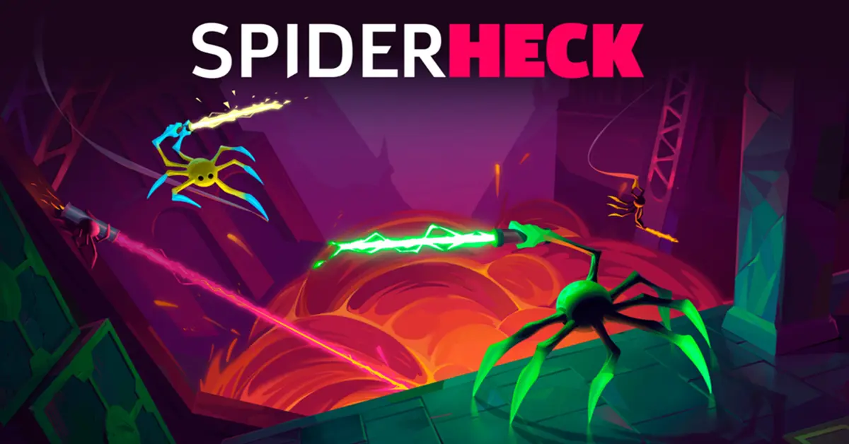 Araignées néon combattant avec des sabres laser dans une arène basée sur la physique dans SpiderHeck.
