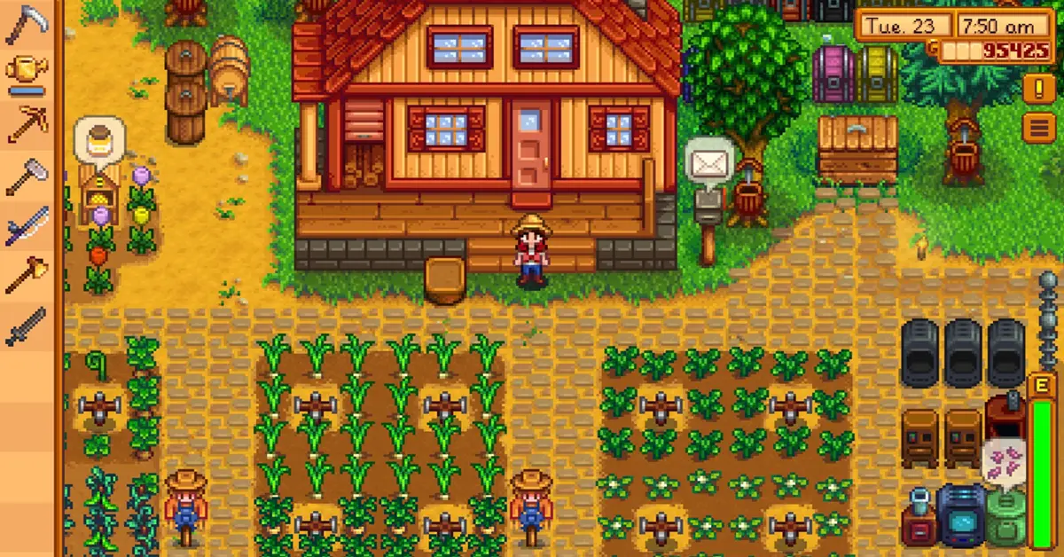 Une ferme de joueur bien remplie dans Stardew Valley avec des cultures de printemps à maturité