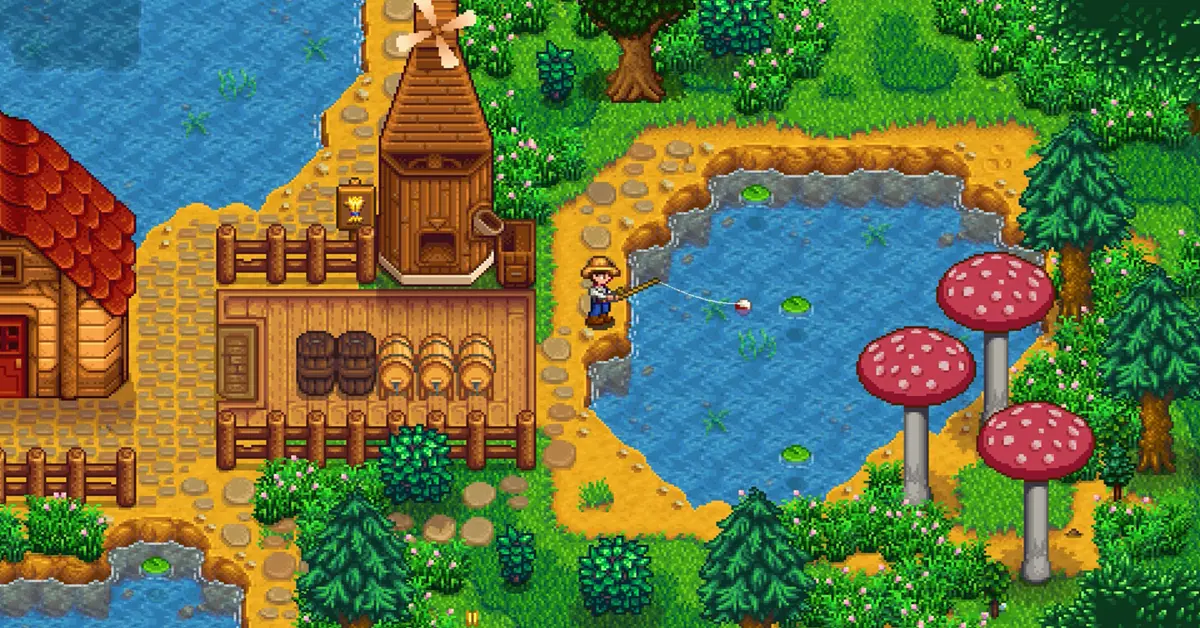 Un personnage joueur en train de pêcher près du lac de la montagne dans Stardew Valley au printemps.