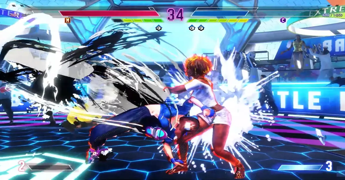 Gameplay de Street Fighter 6 montrant une manœuvre Drive Impact dans le Battle Hub.