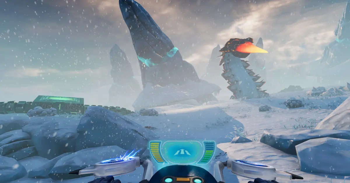 La motoneige Snowfox utilisée pour traverser une plaine enneigée dans Subnautica: Below Zero.