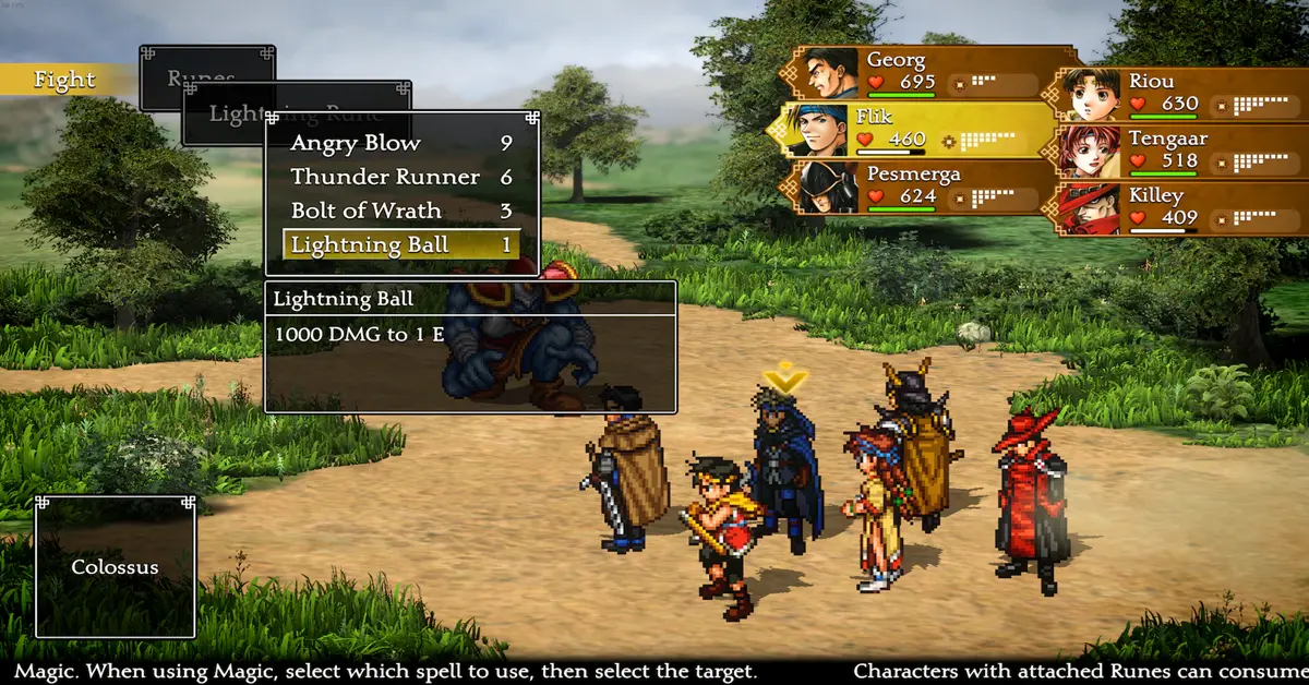 Interface de combat côte à côte dans Suikoden II HD Remaster affichant les commandes de tour.
