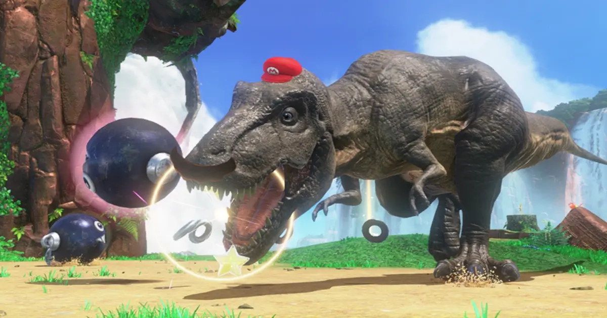 Mario contrôlant un énorme T-Rex réaliste dans le Pays des Chutes préhistorique, toujours coiffé de Cappy.