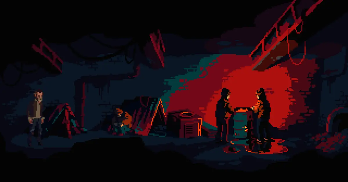 The Drifter utilise des ombres prononcées et un pixel art sombre pour asseoir son esthétique de thriller pulp néo-noir.