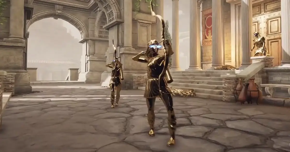 Une statue romaine dorée tenant un arc dans les ruines souterraines de The Forgotten City