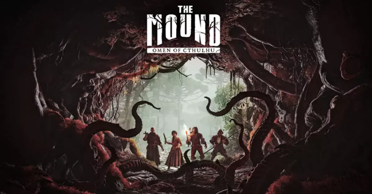 Quatre joueurs en tenue du XVIe siècle font face à un monstre lovecraftien dans la jungle dans The Mound: Omen of Cthulhu