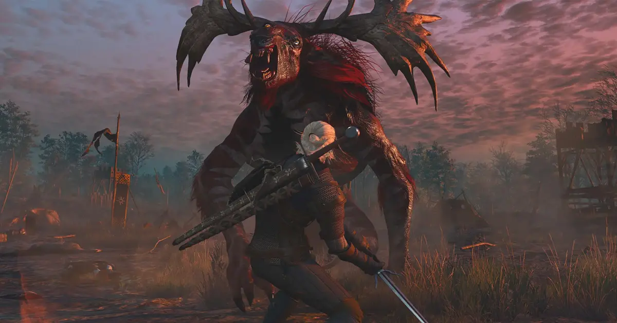 Geralt combattant un griffon dans The Witcher 3 Wild Hunt