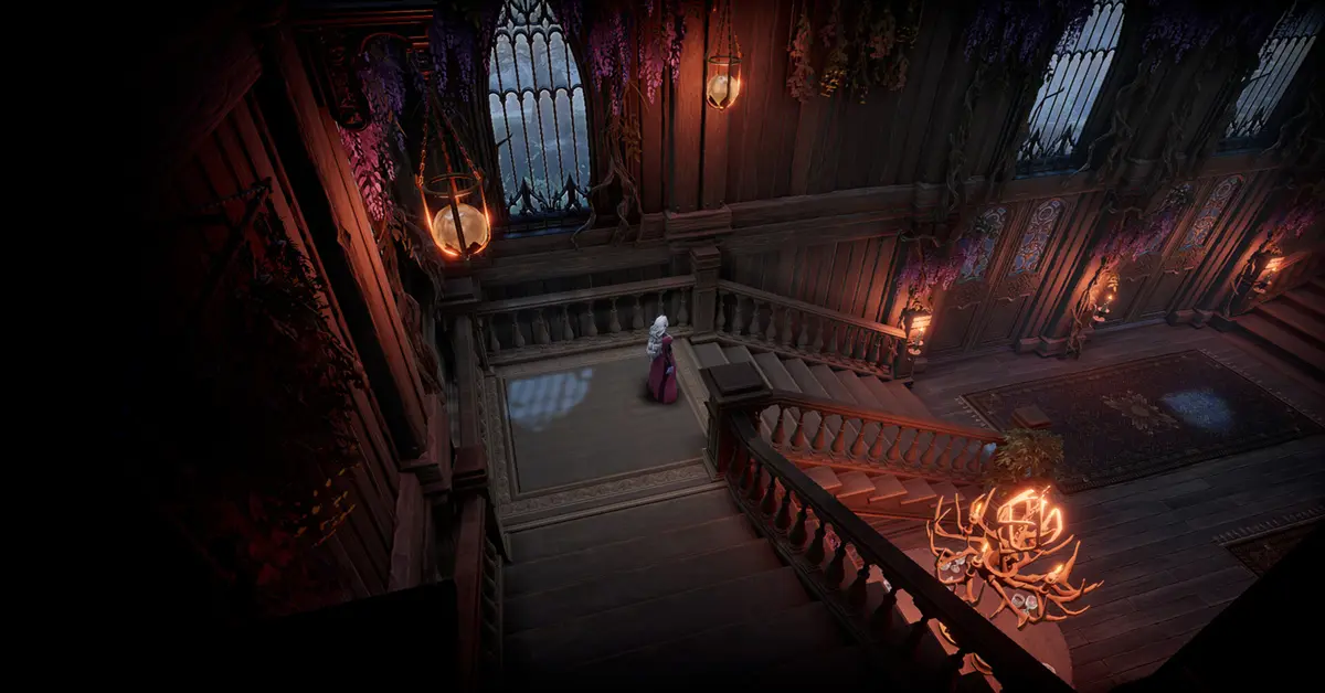 Un château de vampire multi-niveaux conçu par un joueur dans V Rising.